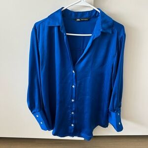 ZARA Cobalt Blue Satin Button-Down Shirt